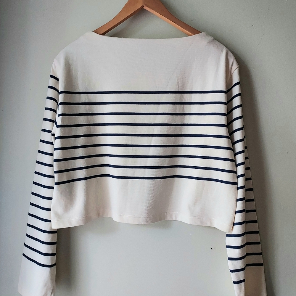 J. Crew Striped Cropped Boatneck Top Size Small Mariner Cotton Button Shirt - Picture 7 of 12